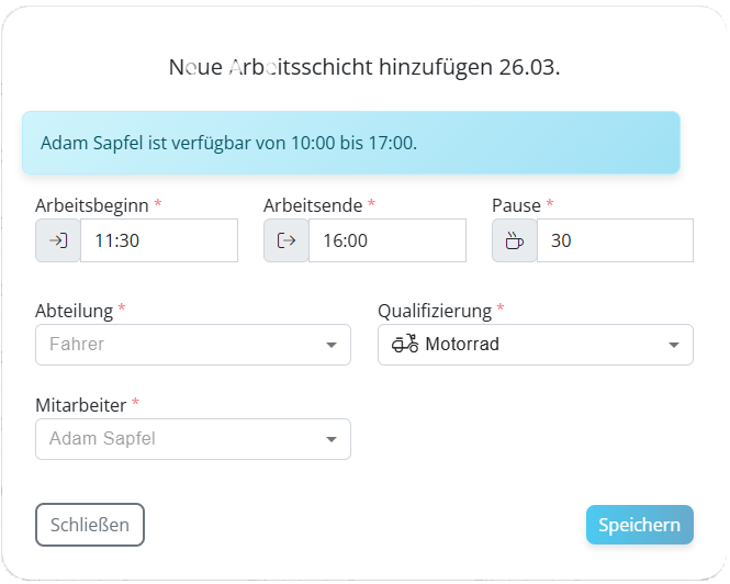 Arbeitsschicht hinzufügen Dialog mit Verfügbarkeitsprüfung