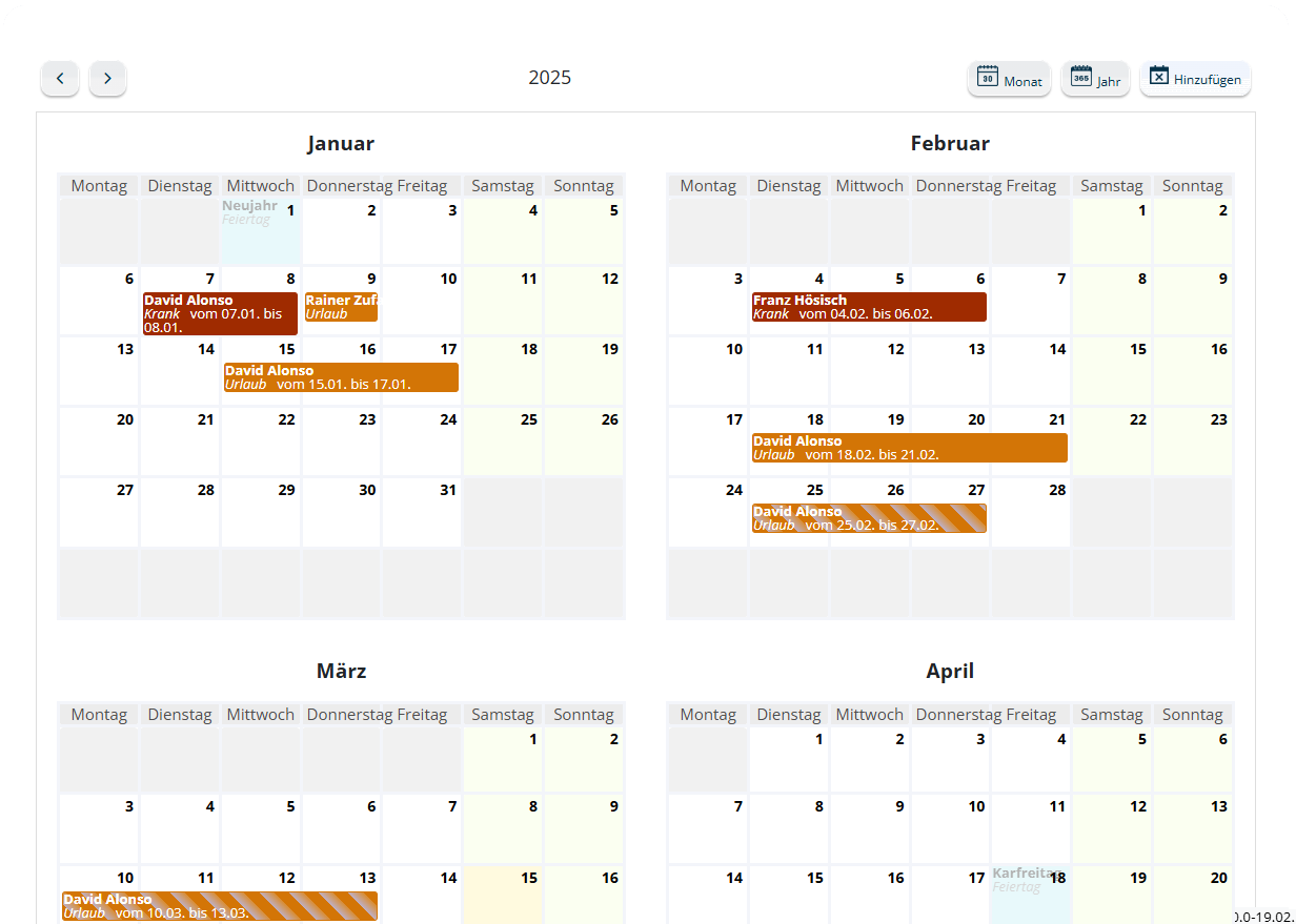 Jahresübersicht mit Feiertagen