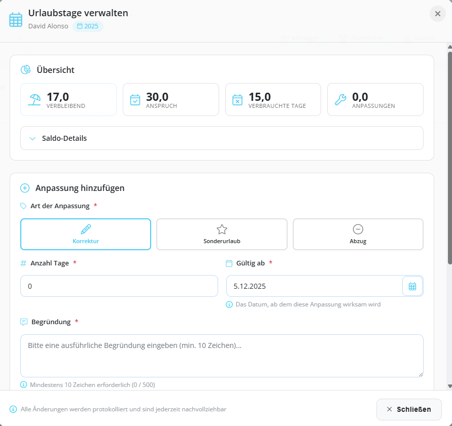 Urlaubstage verwalten mit Übersicht und Anpassungen