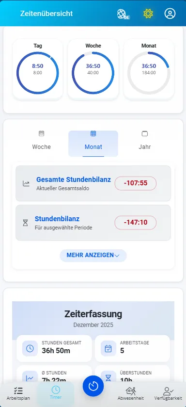 FixPlaner Mitarbeiter-App - Zeitenübersicht