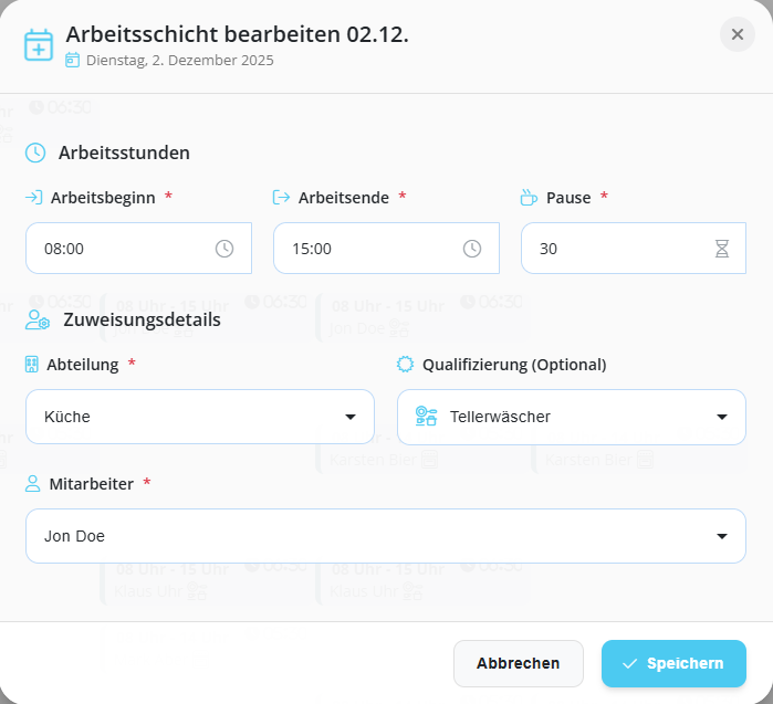 Schicht bearbeiten Dialog